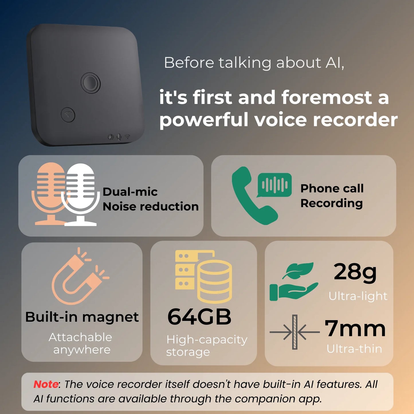 AI Powered Voice Recorder and Call Recorder with Speech-to-Text, Summarization, Translation, Supports 100 Languages, 64GB