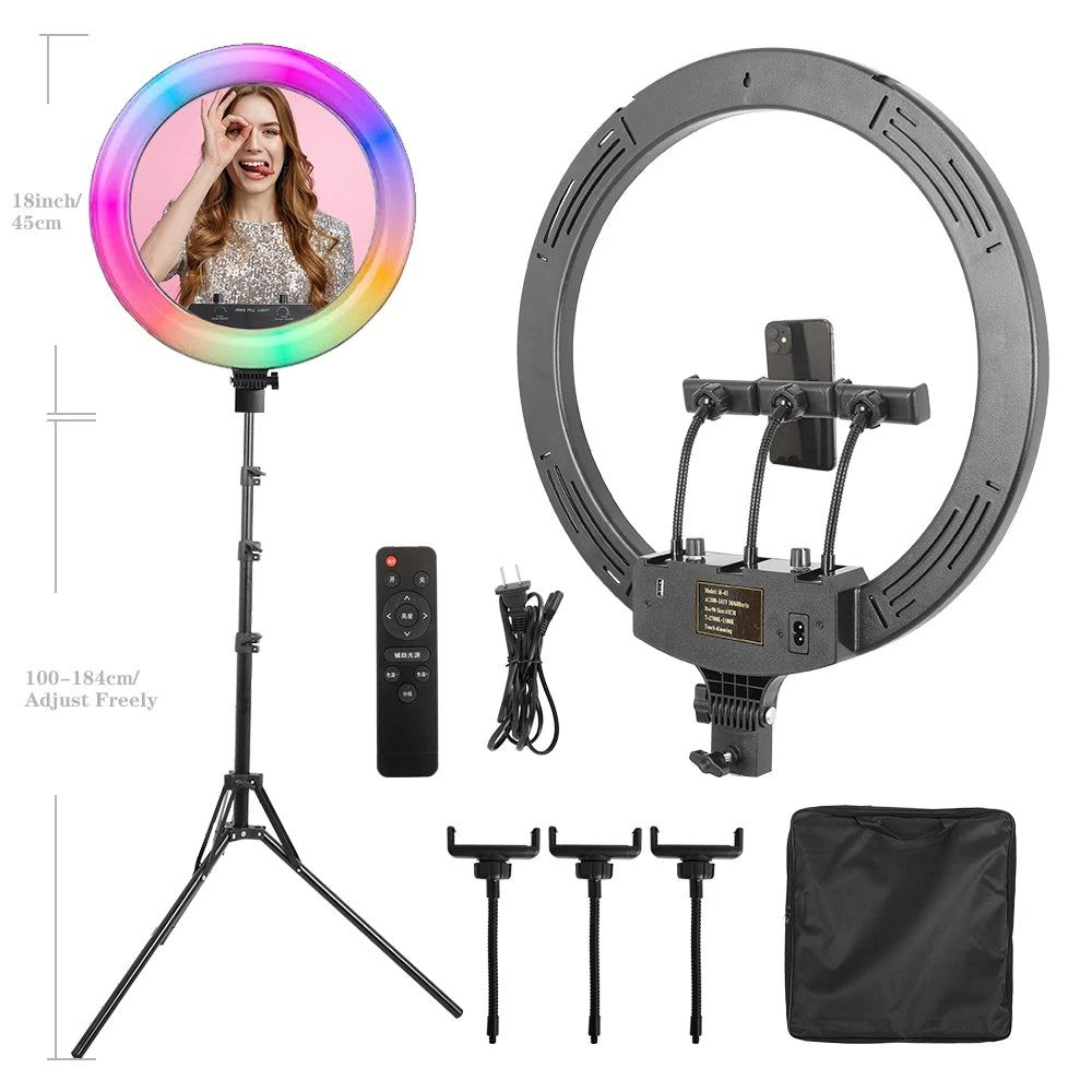 Photography 18 inch Ring Light LED Large Selfie Video Remote Control Tripod Stand Phone Clip YouTube Live Lighting Photo Studio