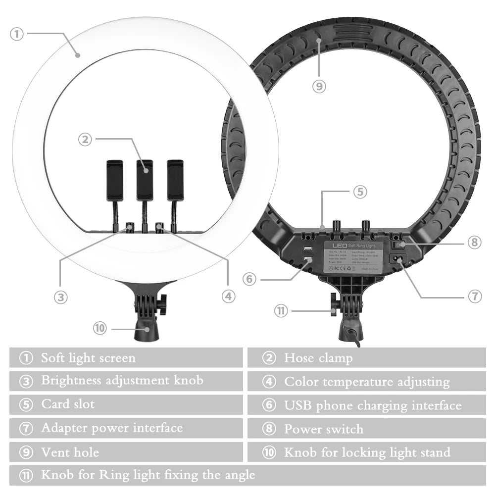 Photography 18 inch Ring Light LED Large Selfie Video Remote Control Tripod Stand Phone Clip YouTube Live Lighting Photo Studio
