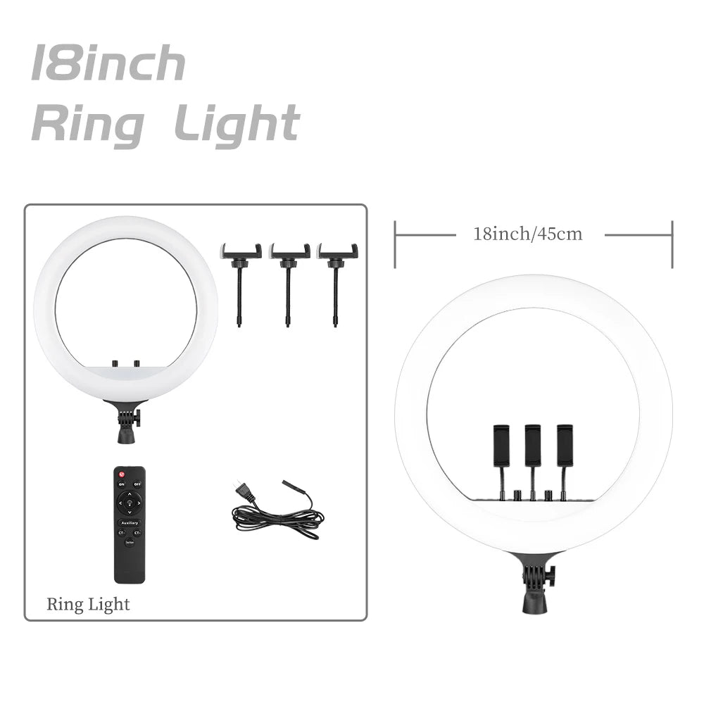 Photography 18 inch Ring Light LED Large Selfie Video Remote Control Tripod Stand Phone Clip YouTube Live Lighting Photo Studio