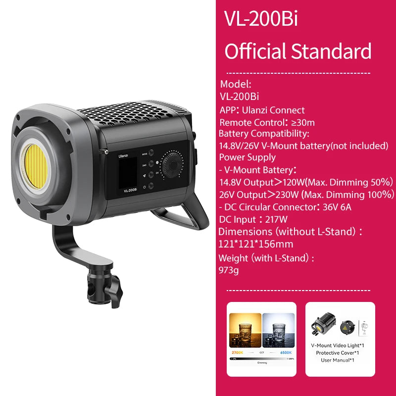 Ulanzi VL-200Bi 200W V-Mount COB Video Light Wireless APP Control 2700K-6500K Video Light for Skit Video Videography Photography