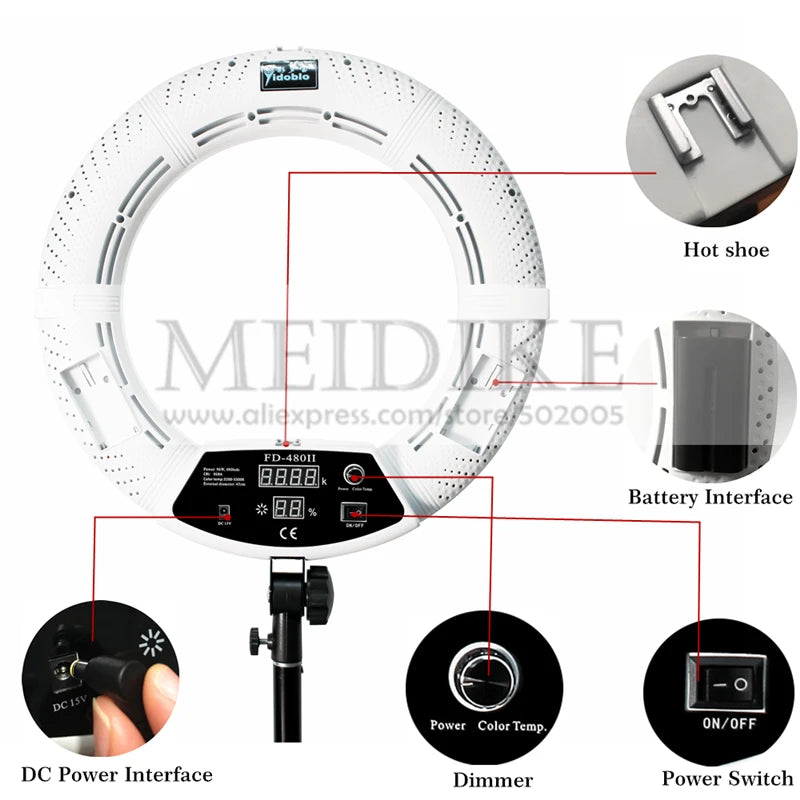 Yidoblo 96W Ring Light FD-480 Pro Beauty Studio LED Ring lamp Kit 2700-10000K Video Light Lamp Makeup Lighting + stand (2M)+ bag