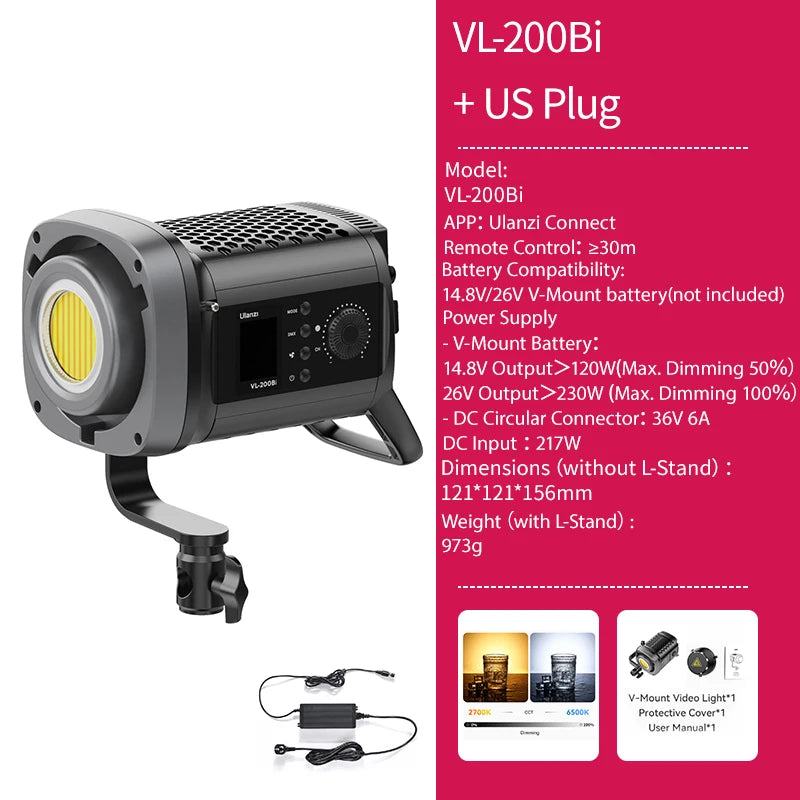 Ulanzi VL-200Bi 200W V-Mount COB Video Light Wireless APP Control 2700K-6500K Video Light for Skit Video Videography Photography