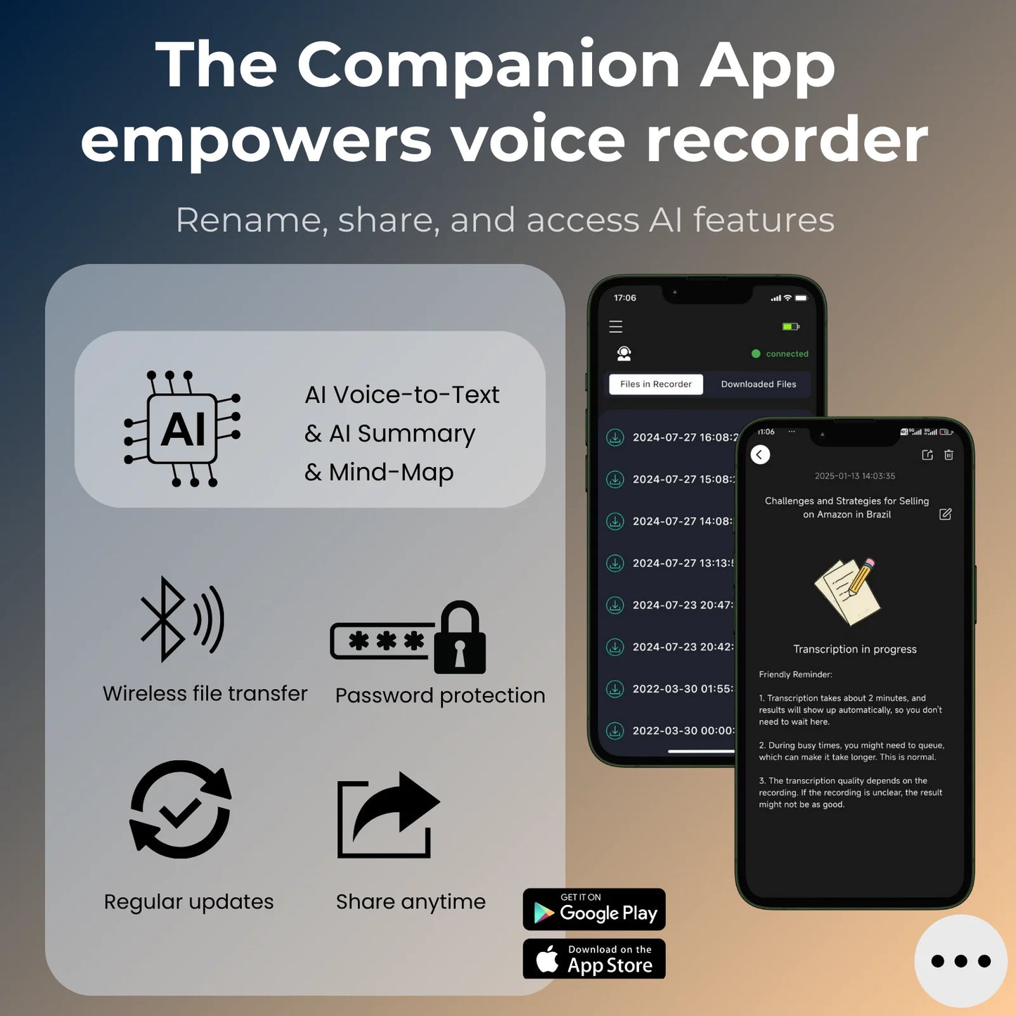 AI Powered Voice Recorder and Call Recorder with Speech-to-Text, Summarization, Translation, Supports 100 Languages, 64GB