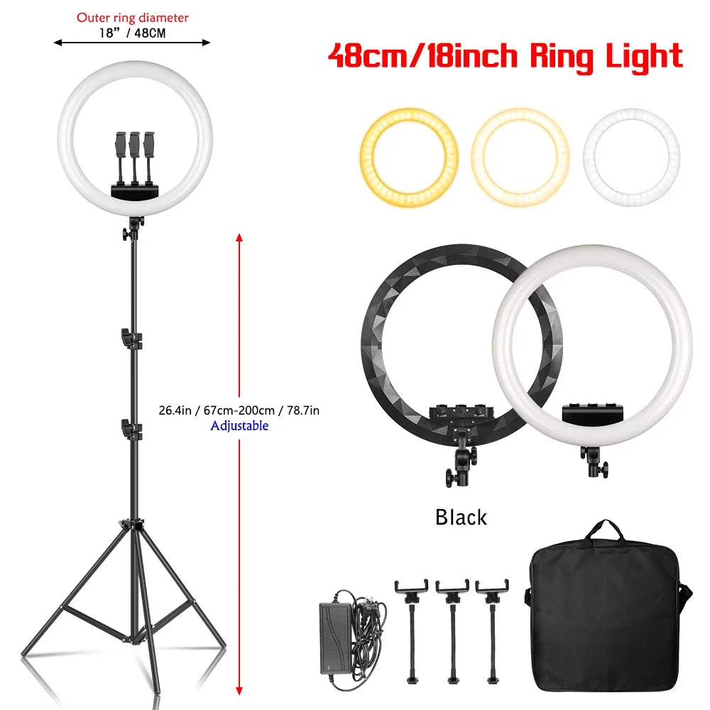 Photography 18 inch Ring Light LED Large Selfie Video Remote Control Tripod Stand Phone Clip YouTube Live Lighting Photo Studio