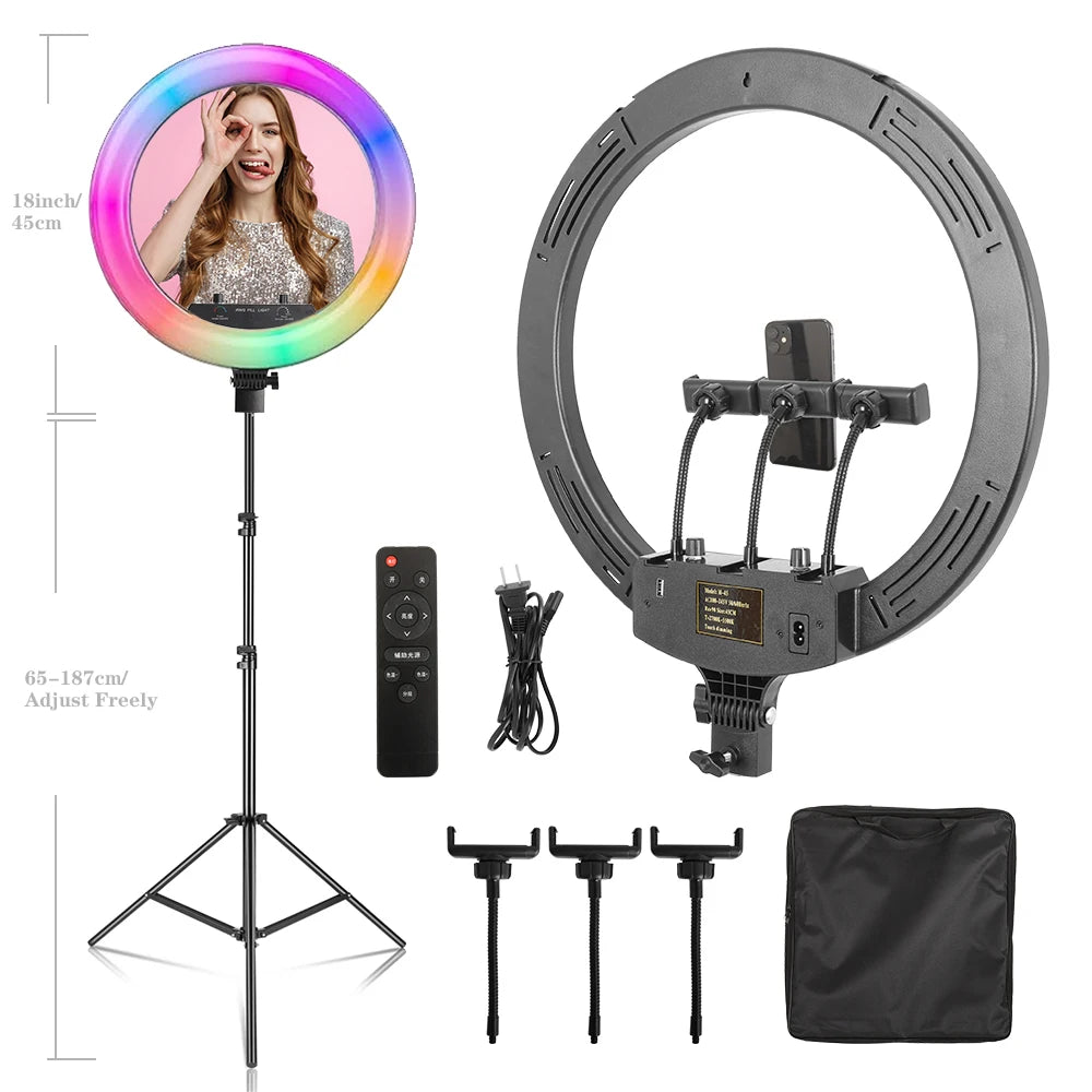 Photography 18 inch Ring Light LED Large Selfie Video Remote Control Tripod Stand Phone Clip YouTube Live Lighting Photo Studio